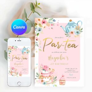 Tea Party Invitation, Tea Party Birthday Girl Pink & Gold Floral Par-tea Invitation