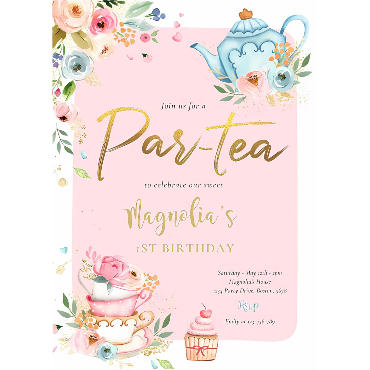 Tea party birthday girl pink gold floral par tea invitation s33o 4