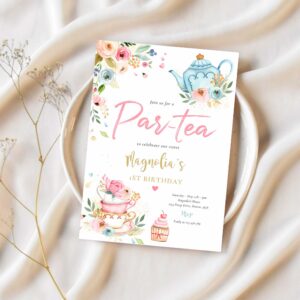 Tea party birthday girl pink gold floral par tea invitation u38o 1