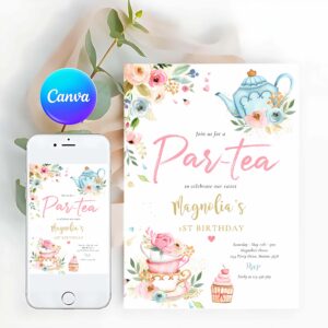 Tea Party Invitation, Tea Party Birthday Girl Pink & Gold Floral Par-tea Invitation