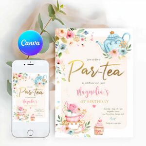 Tea Party Invitation, Tea Party Birthday Girl Pink & Gold Floral Par-tea Invitation