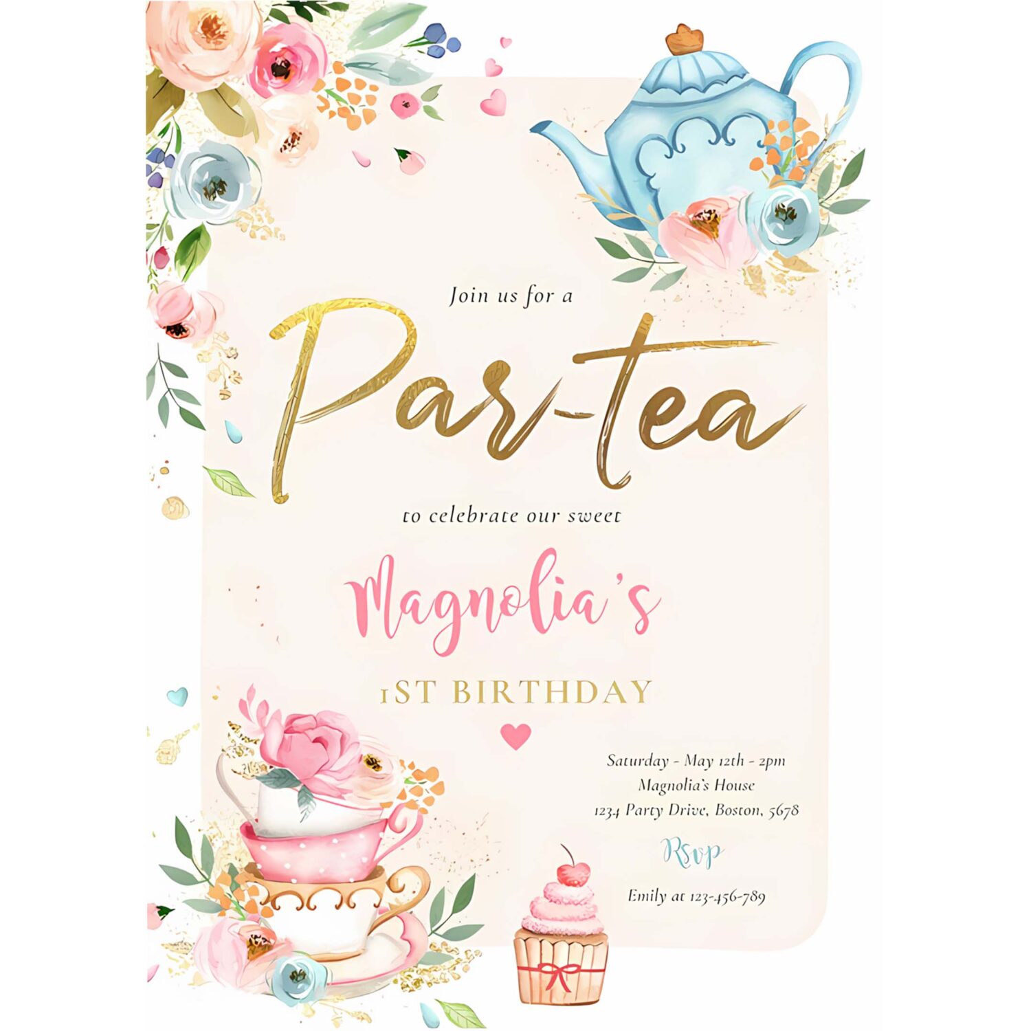 Tea party birthday girl pink gold floral par tea invitation y43y 4