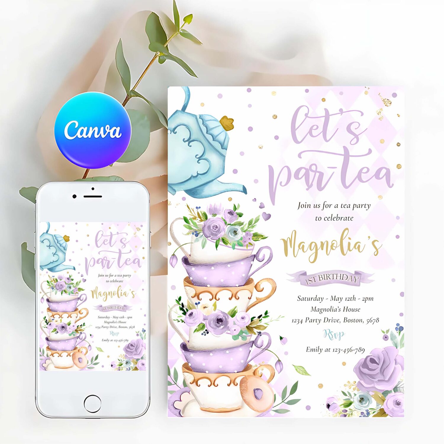 Tea party birthday girl purple gold floral par tea invitation v63x