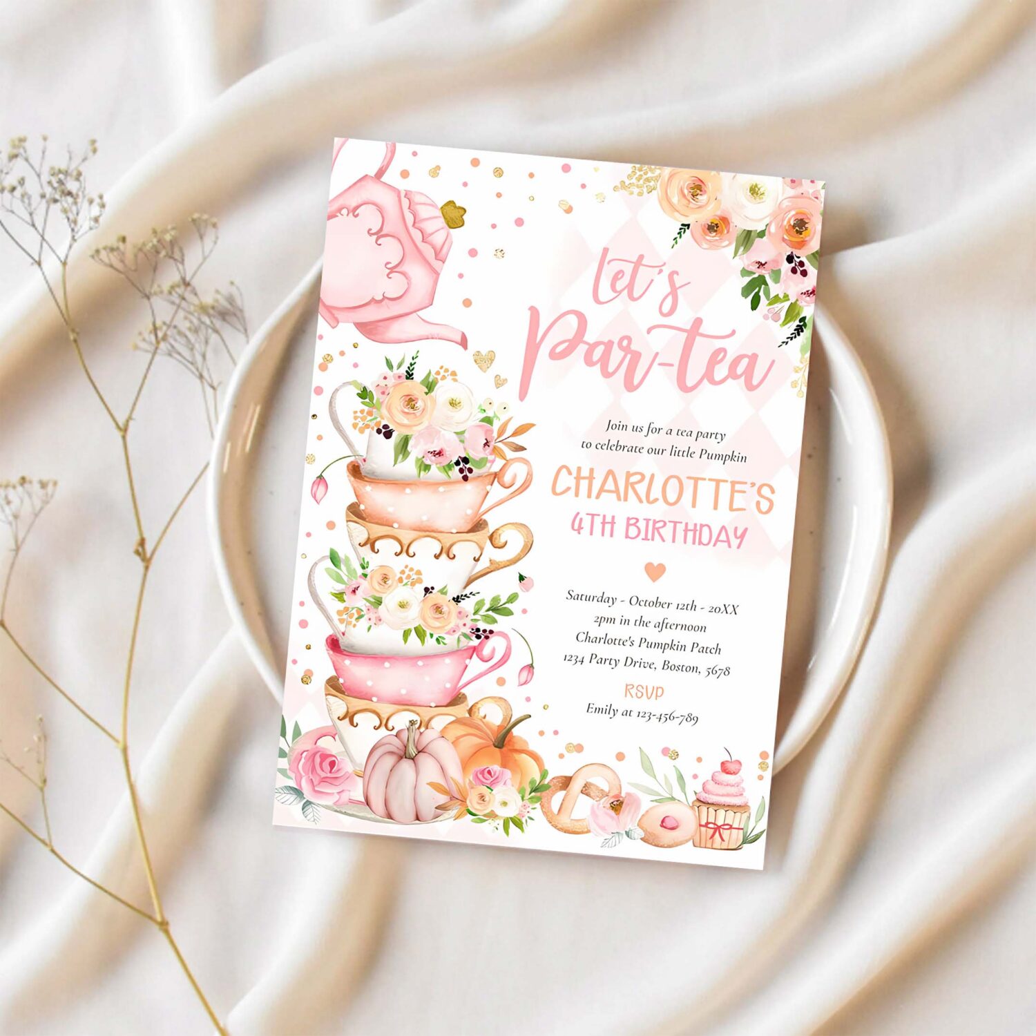 Tea party birthday pumpkin autumn floral par tea invitation l60r 1