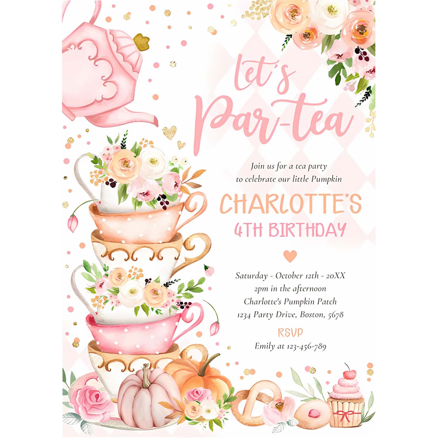 Tea party birthday pumpkin autumn floral par tea invitation l60r 4