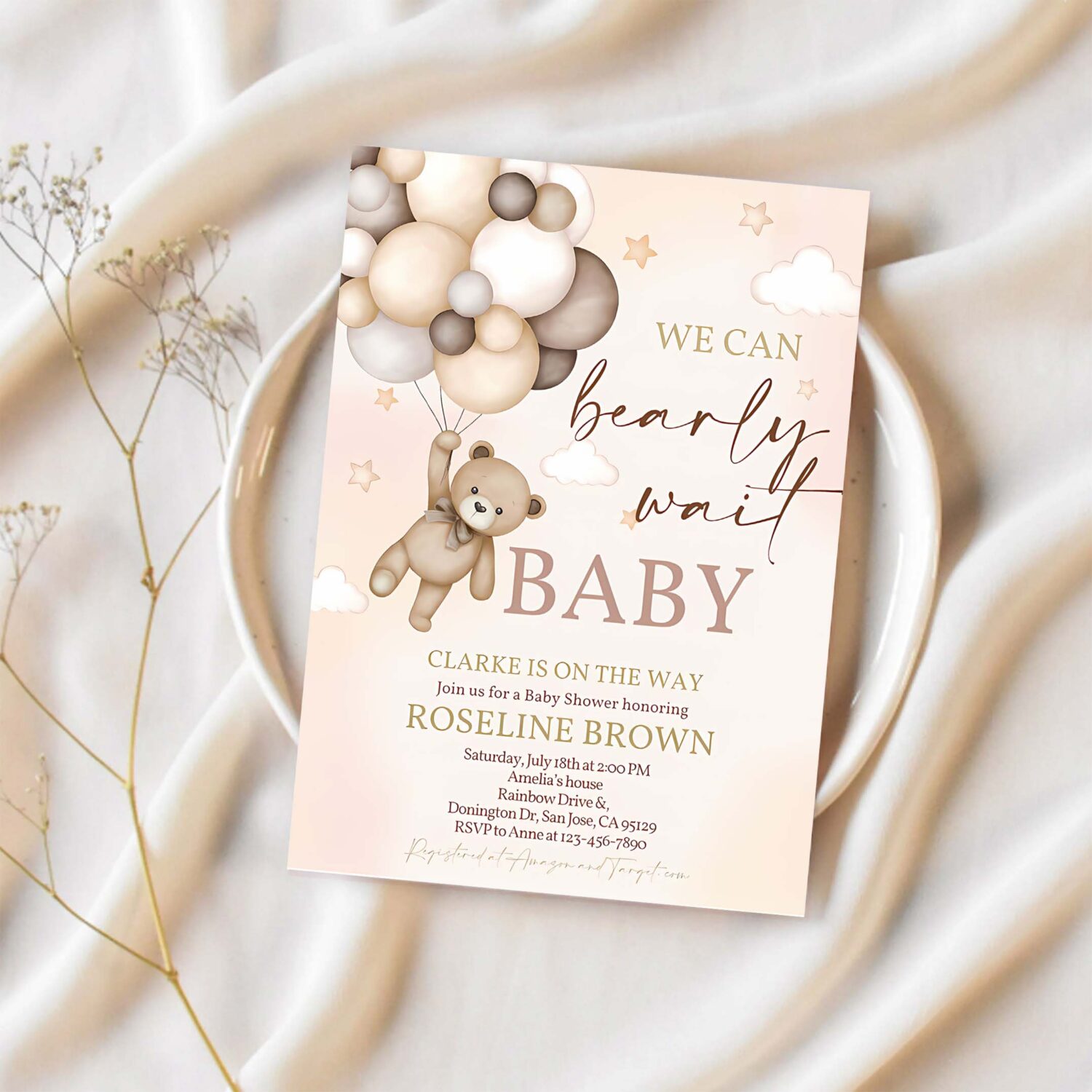 Teddy bear baby shower invitation we can bearly wait brown ivory beige balloons boho baby shower invites boy girl editable template 1