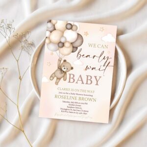 Teddy bear baby shower invitation we can bearly wait brown ivory beige balloons boho baby shower invites boy girl editable template 1