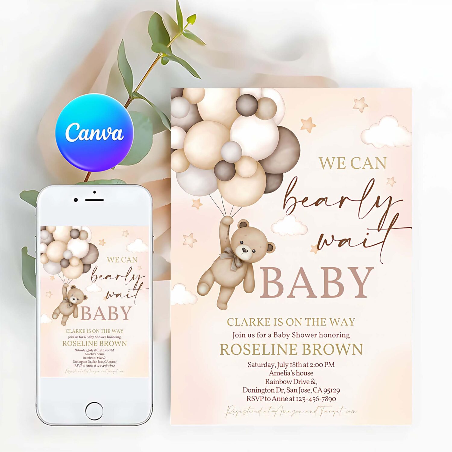 Teddy bear baby shower invitation we can bearly wait brown ivory beige balloons boho baby shower invites boy girl editable template