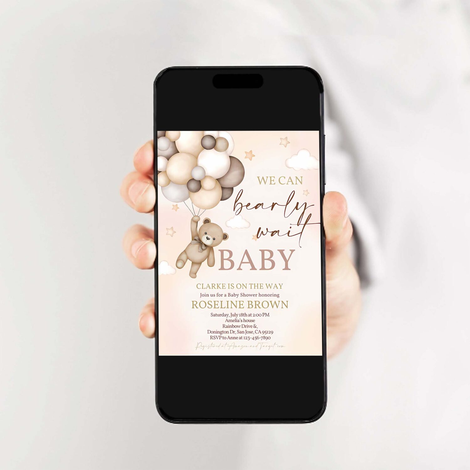 Teddy bear baby shower invitation we can bearly wait brown ivory beige balloons boho baby shower invites boy girl editable template 2