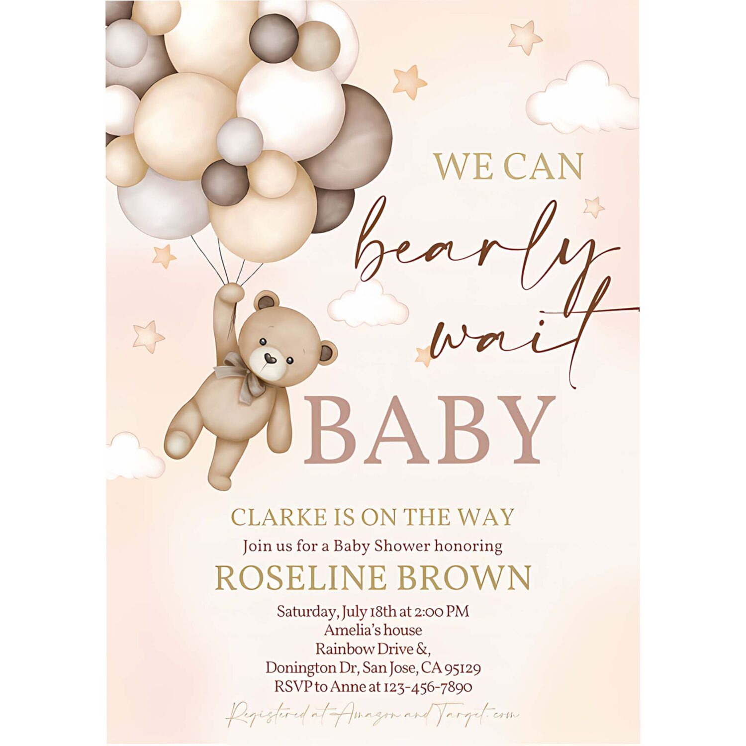 Teddy bear baby shower invitation we can bearly wait brown ivory beige balloons boho baby shower invites boy girl editable template 4