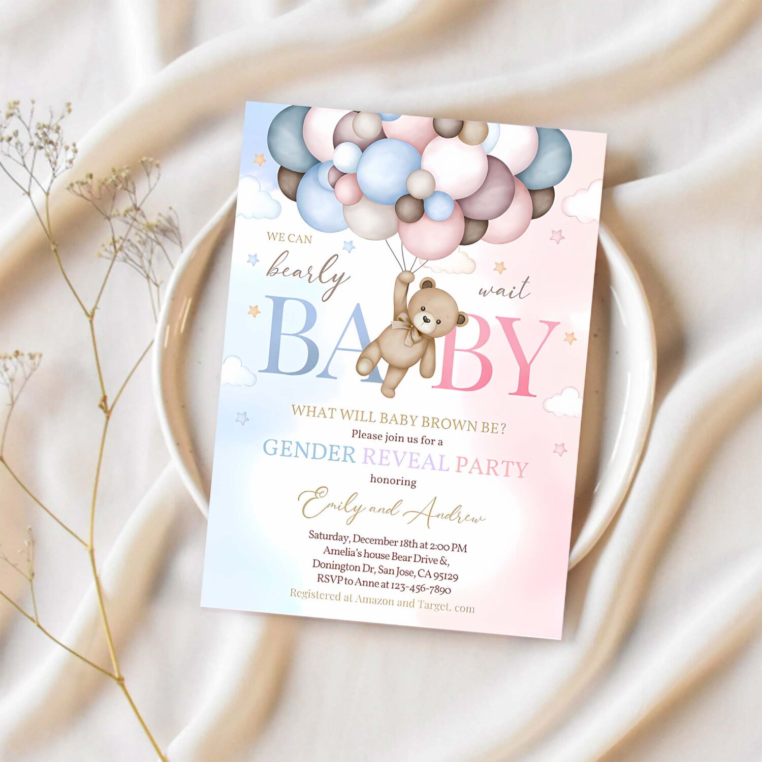 Teddy bear gender reveal invitation boy or girl baby shower invite we can bearly wait pink blue boho pampas grass balloons editable bs21m 1