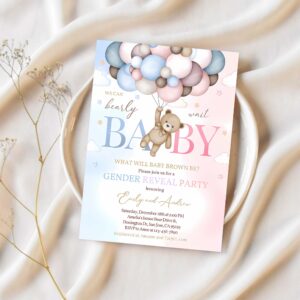 Teddy bear gender reveal invitation boy or girl baby shower invite we can bearly wait pink blue boho pampas grass balloons editable bs21m 1