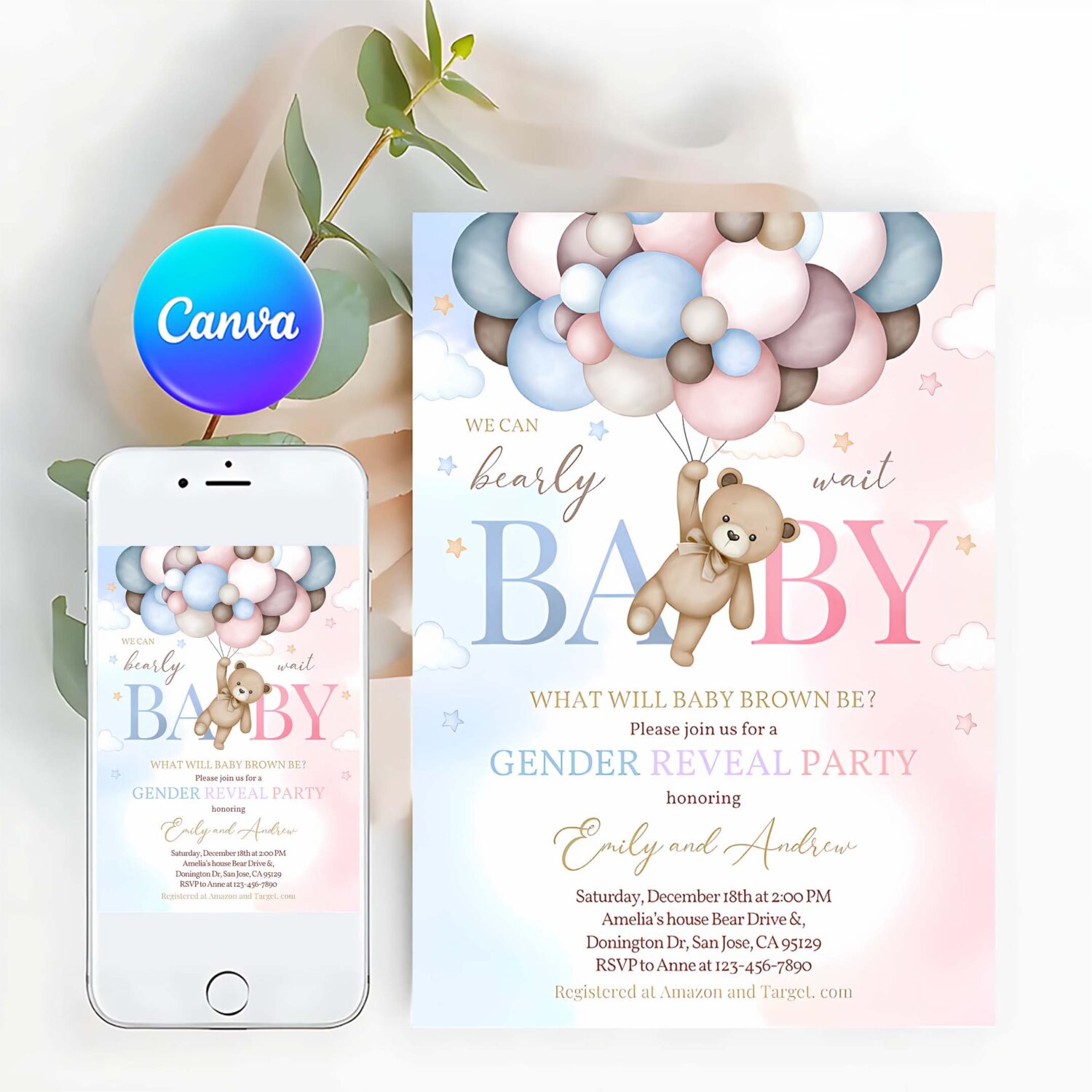 Teddy bear gender reveal invitation boy or girl baby shower invite we can bearly wait pink blue boho pampas grass balloons editable bs21m