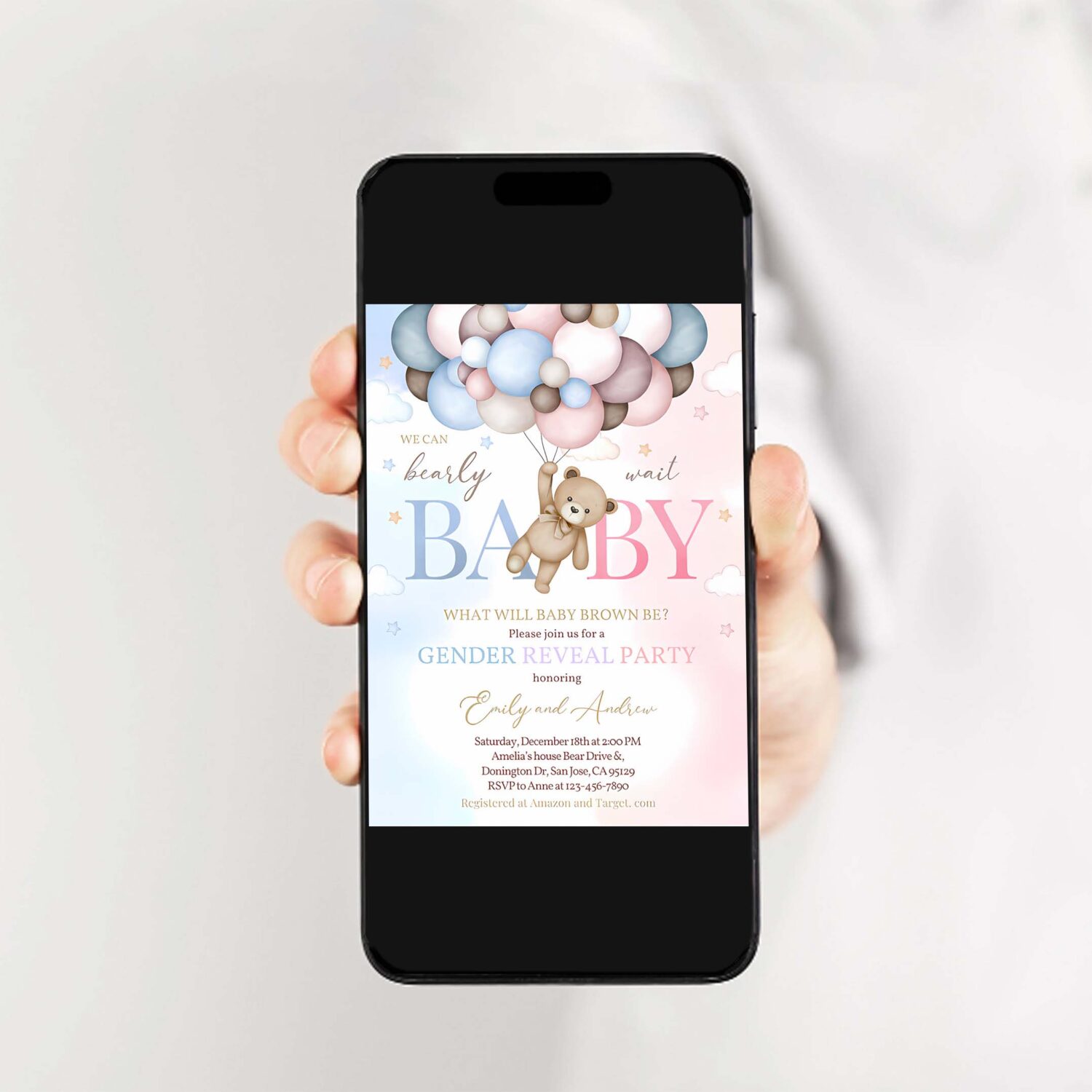 Teddy bear gender reveal invitation boy or girl baby shower invite we can bearly wait pink blue boho pampas grass balloons editable bs21m 2