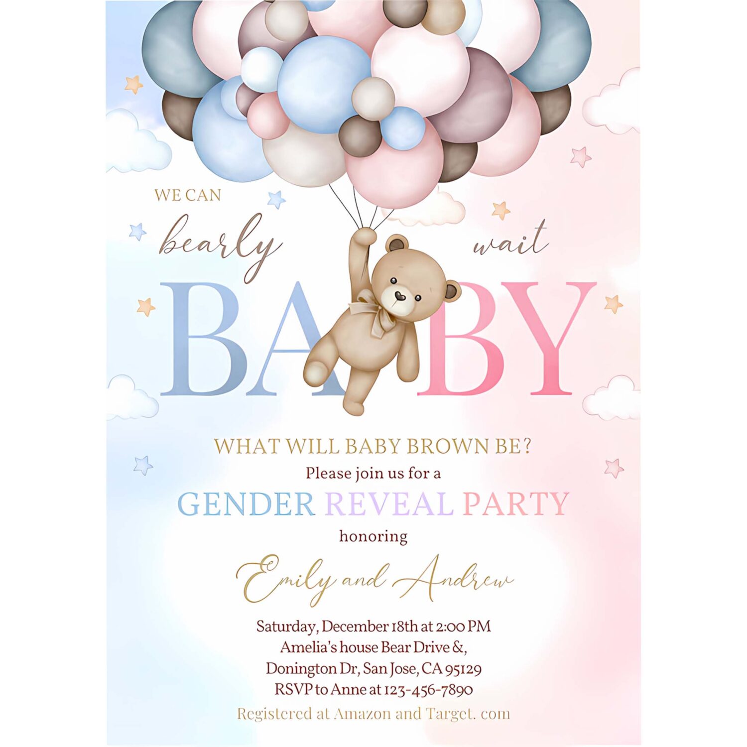 Teddy bear gender reveal invitation boy or girl baby shower invite we can bearly wait pink blue boho pampas grass balloons editable bs21m 4