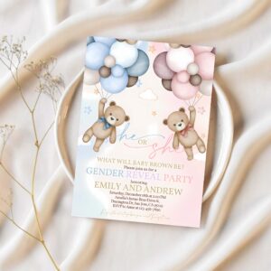 Teddy bear gender reveal invitation gender neutral invites boho beige pampas grass hot air balloons we can bearly wait 1