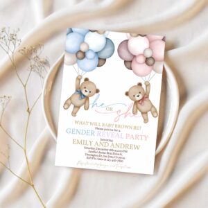 Teddy bear gender reveal invitation gender neutral invites boho pampas grass hot air balloons we can bearly wait editable template bs21m 1