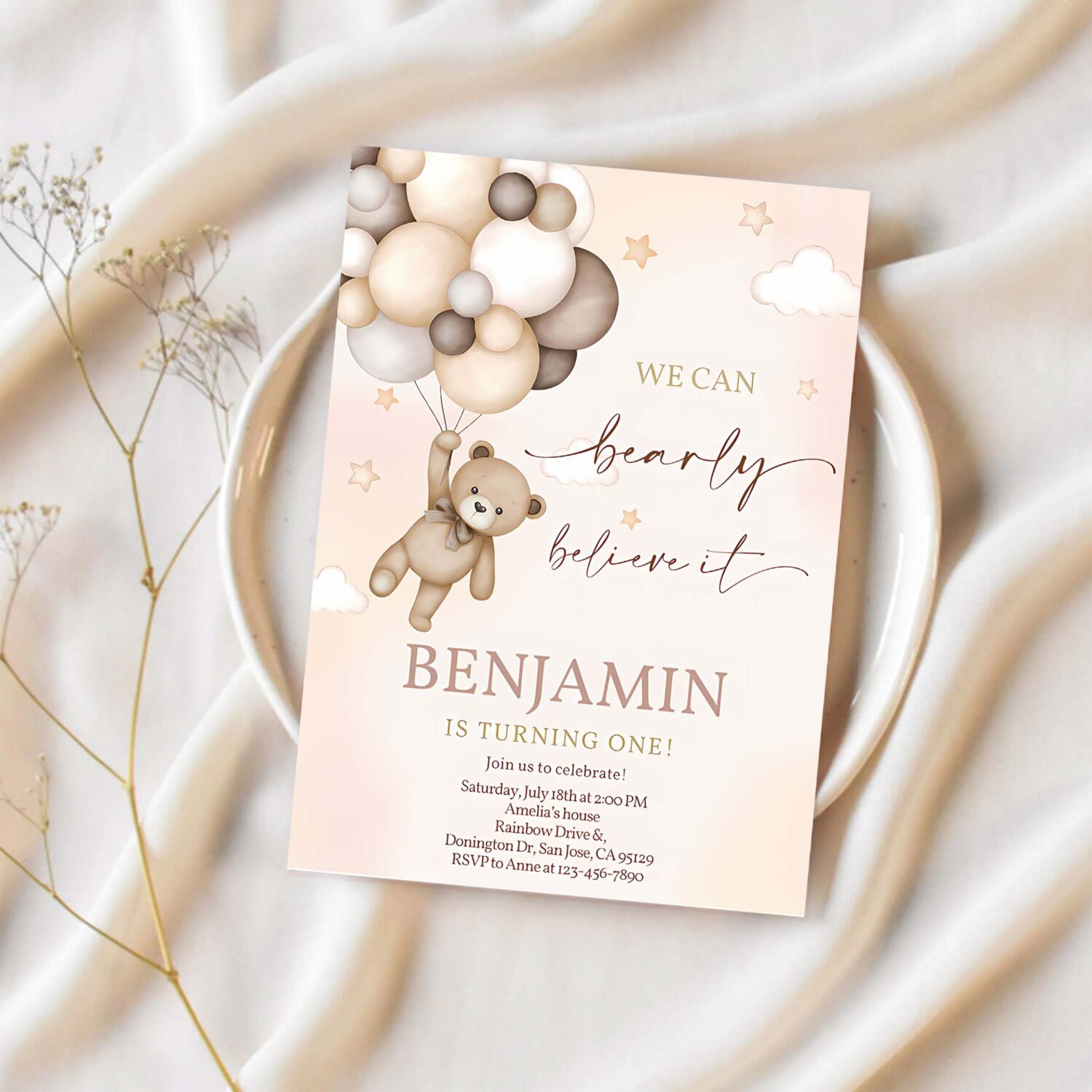 Teddy bear invitation 1st birthday party invites boy kids any age boho fall we can bearly believe beige balloons editable template 1