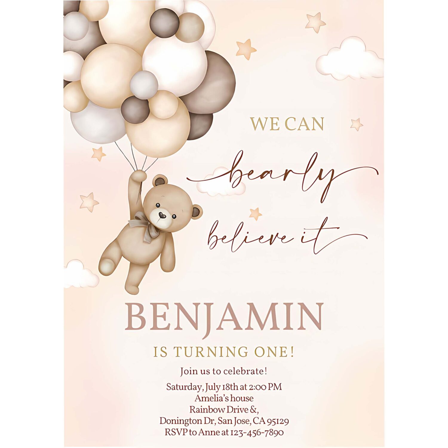 Teddy bear invitation 1st birthday party invites boy kids any age boho fall we can bearly believe beige balloons editable template 4