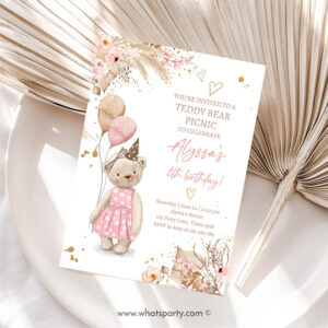 Teddy Bear Invitation, Teddy Bear Picnic Birthday Invitation, Girl Pink Boho Bear Picnic Summer Outdoor Party