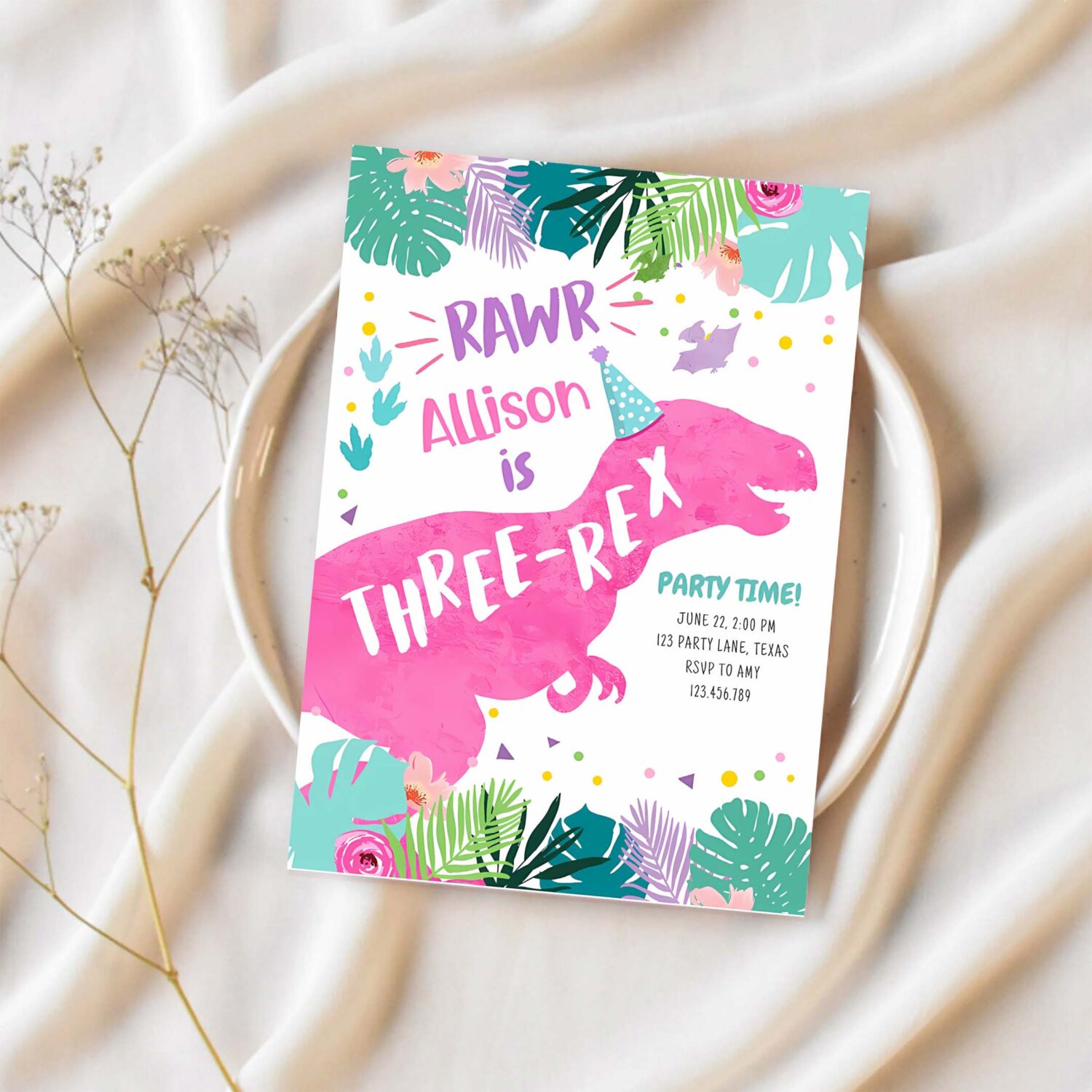 Three rex pink dinosaur girl 3rd third birthday invitation x88z 1