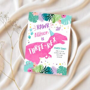 Three rex pink dinosaur girl 3rd third birthday invitation x88z 1