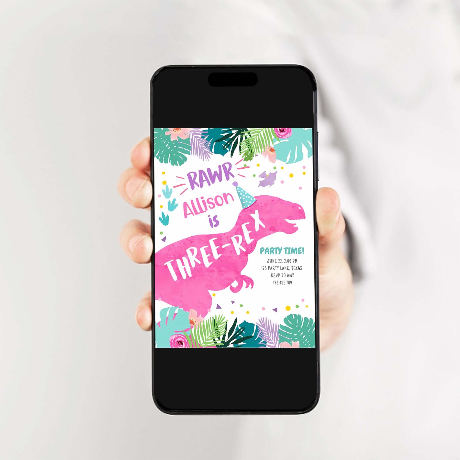 Three rex pink dinosaur girl 3rd third birthday invitation x88z 2