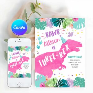 Dinosaur Girl Invitation, Three-Rex Pink Dinosaur Girl 3rd Third Birthday Invitation