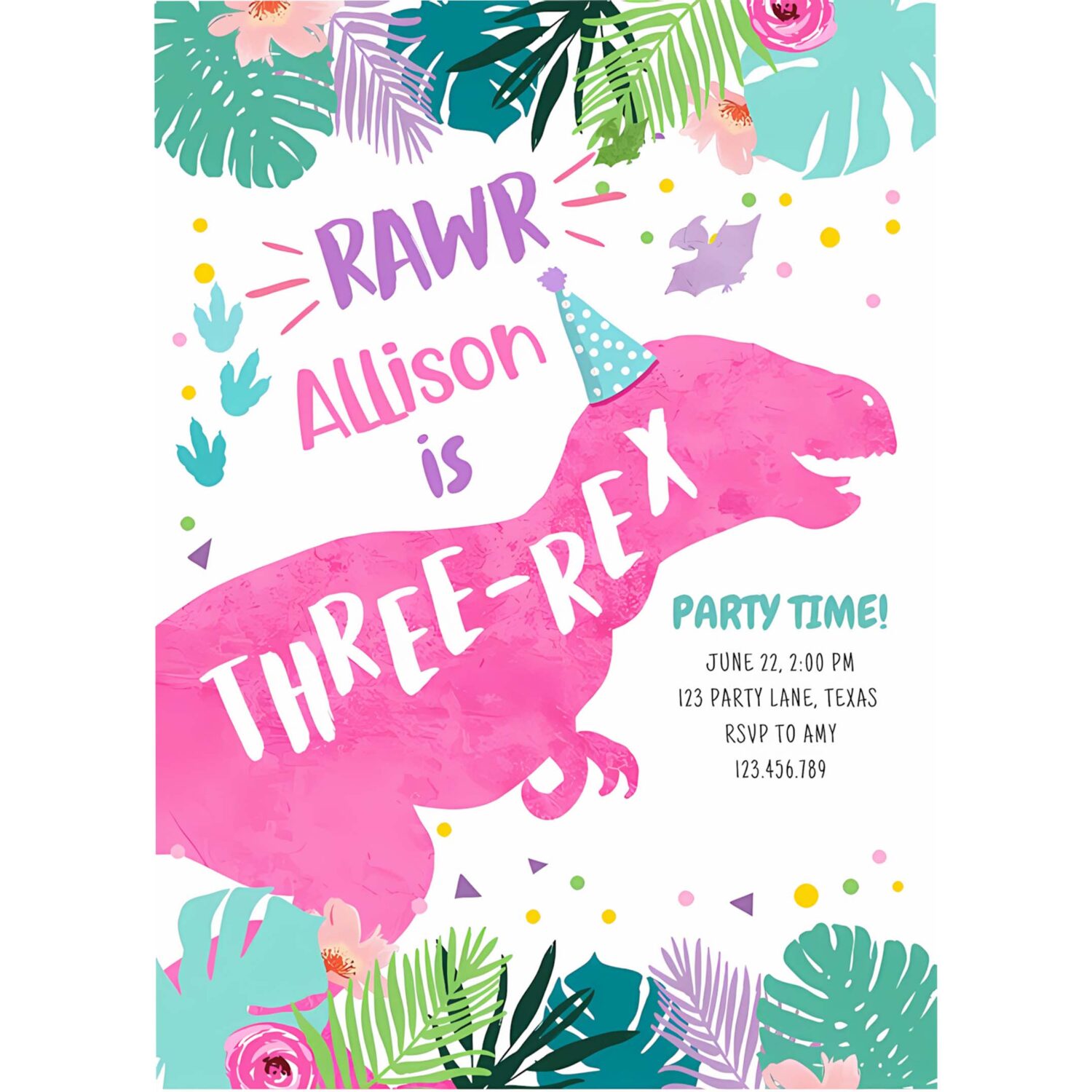 Three rex pink dinosaur girl 3rd third birthday invitation x88z 4
