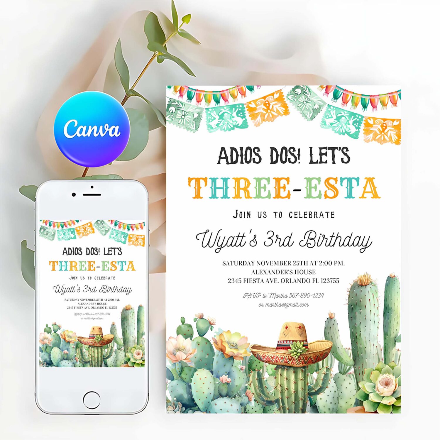 Three esta birthday invitation editable three esta invite fiesta 3rd birthday mexican taco cactus cinco de mayou