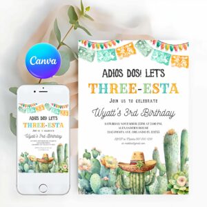 Three esta Invitation, Three esta birthday Invitation three esta invite fiesta 3rd birthday Mexican Taco Cactus Cinco de Mayou