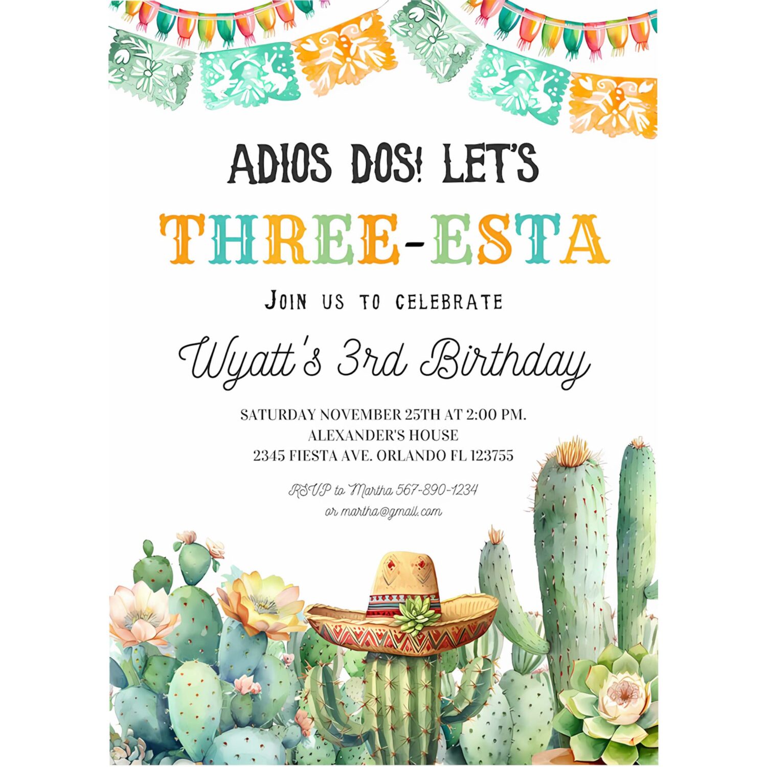 Three esta birthday invitation editable three esta invite fiesta 3rd birthday mexican taco cactus cinco de mayou 4