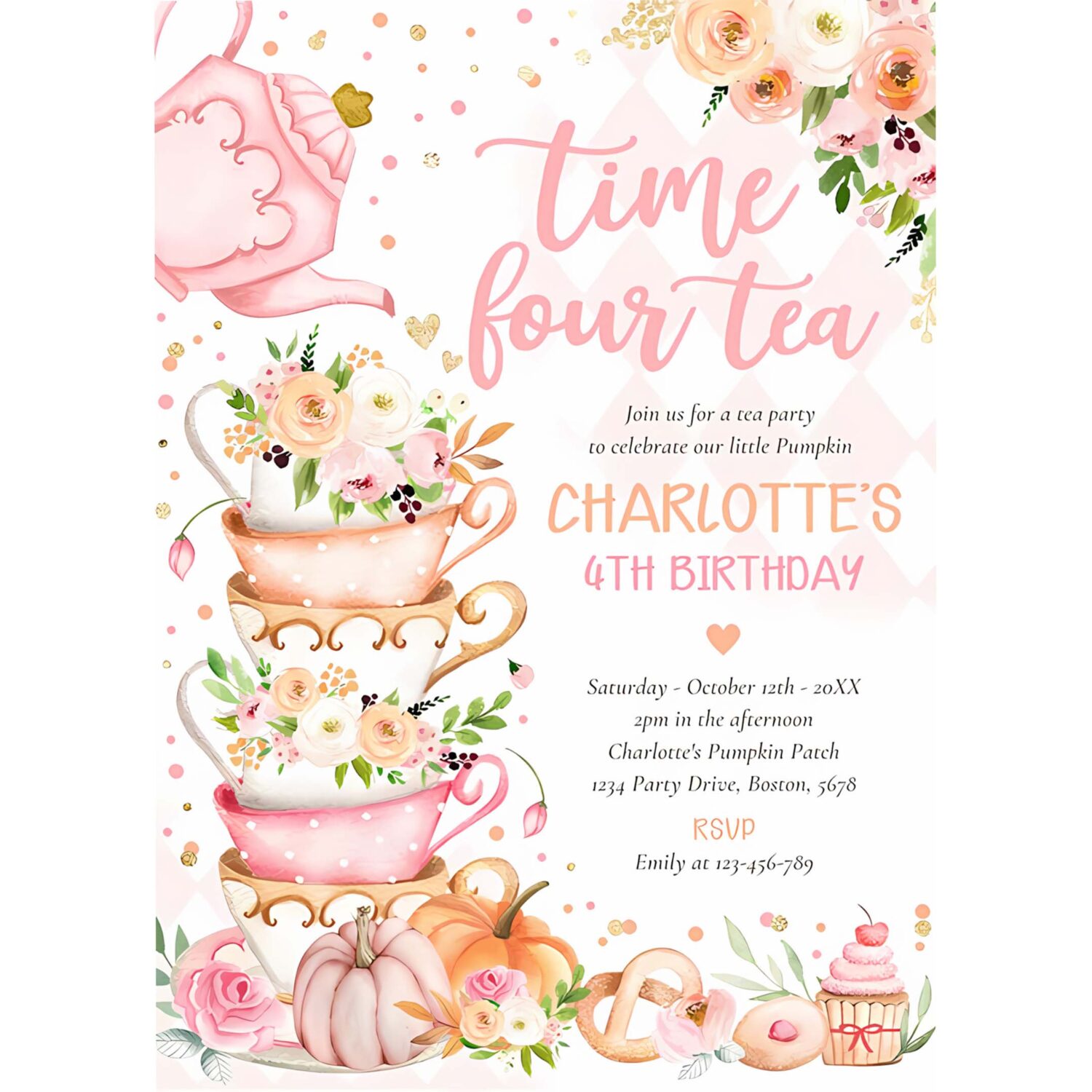Time four tea birthday party pumpkin autumn floral invitation c34u 4