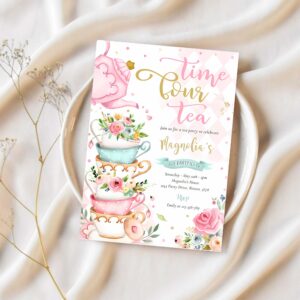 Time four tea pink floral 4th birthday tea partea invitation y65l 1