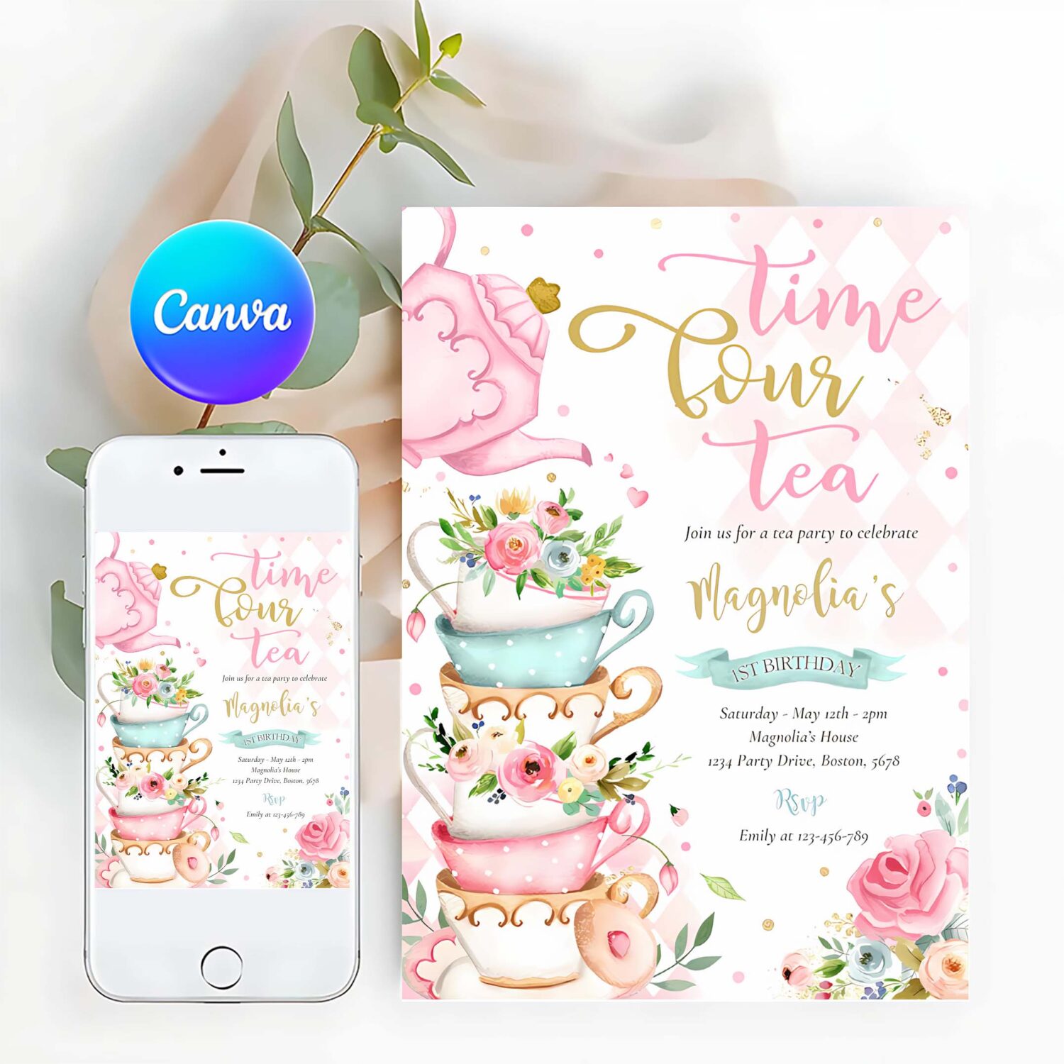 Time four tea pink floral 4th birthday tea partea invitation y65l