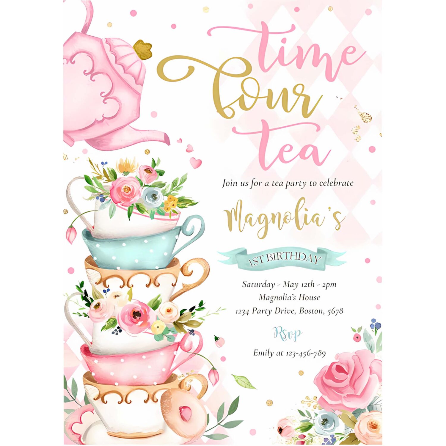 Time four tea pink floral 4th birthday tea partea invitation y65l 4