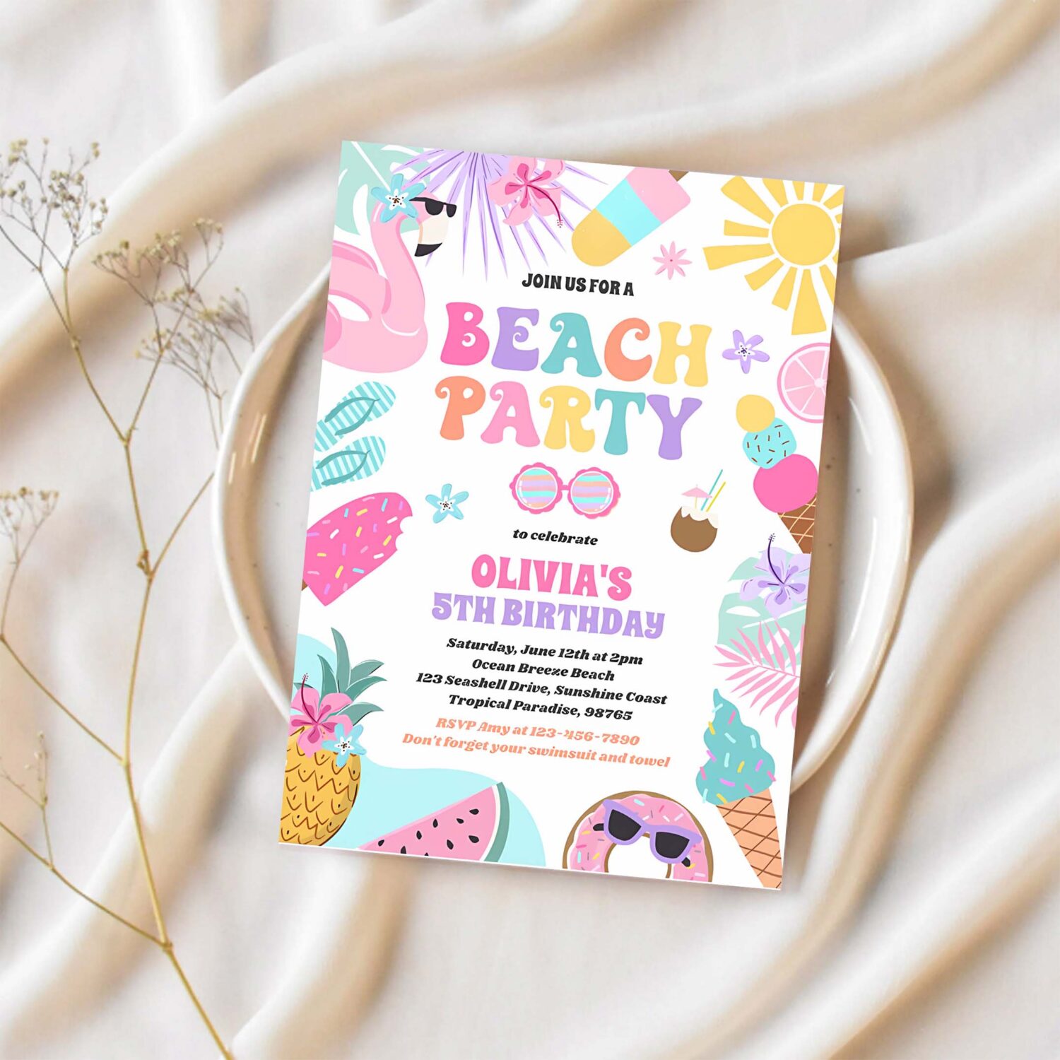 Tropical beach summer ocean birthday party invitation n94a 1