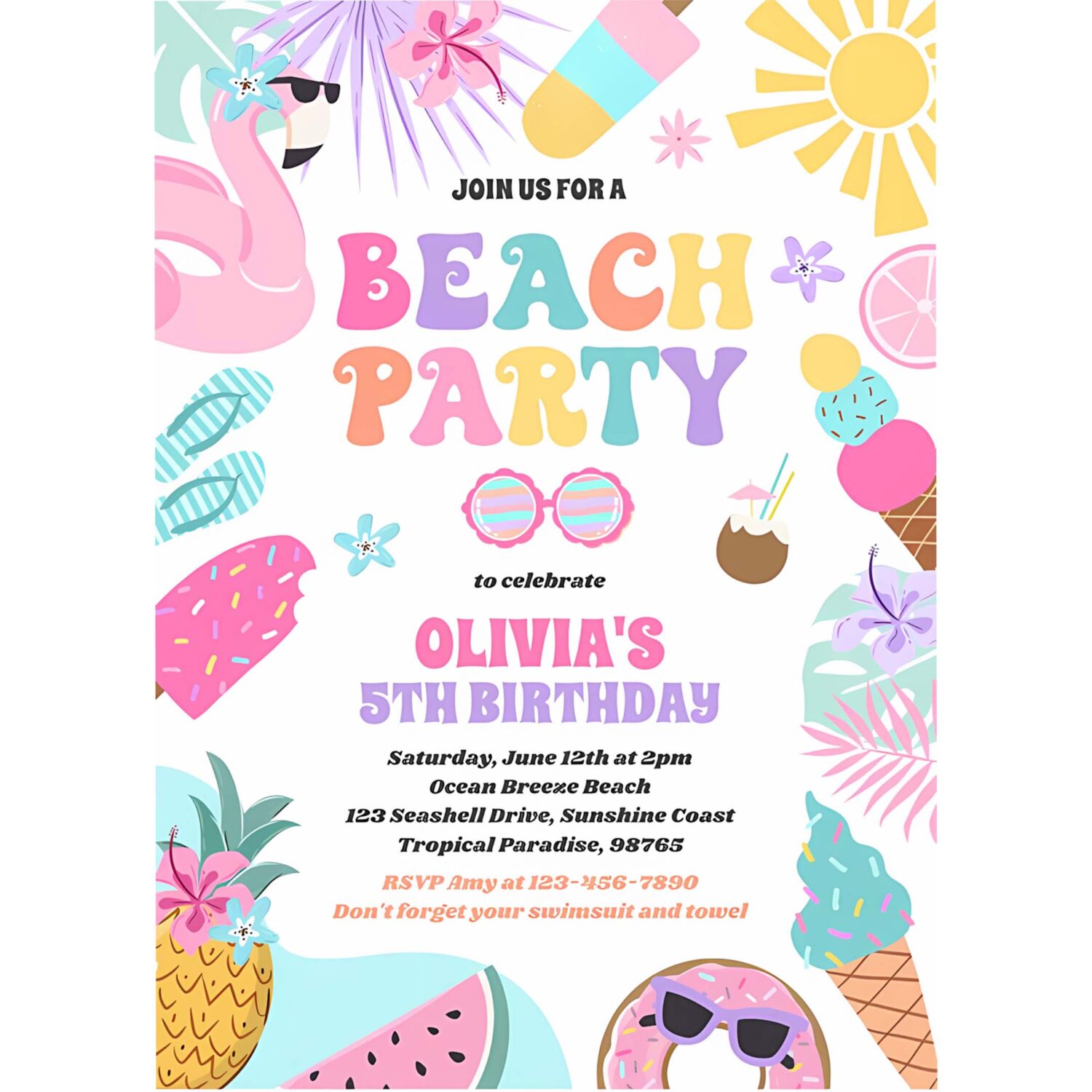 Tropical beach summer ocean birthday party invitation n94a 4