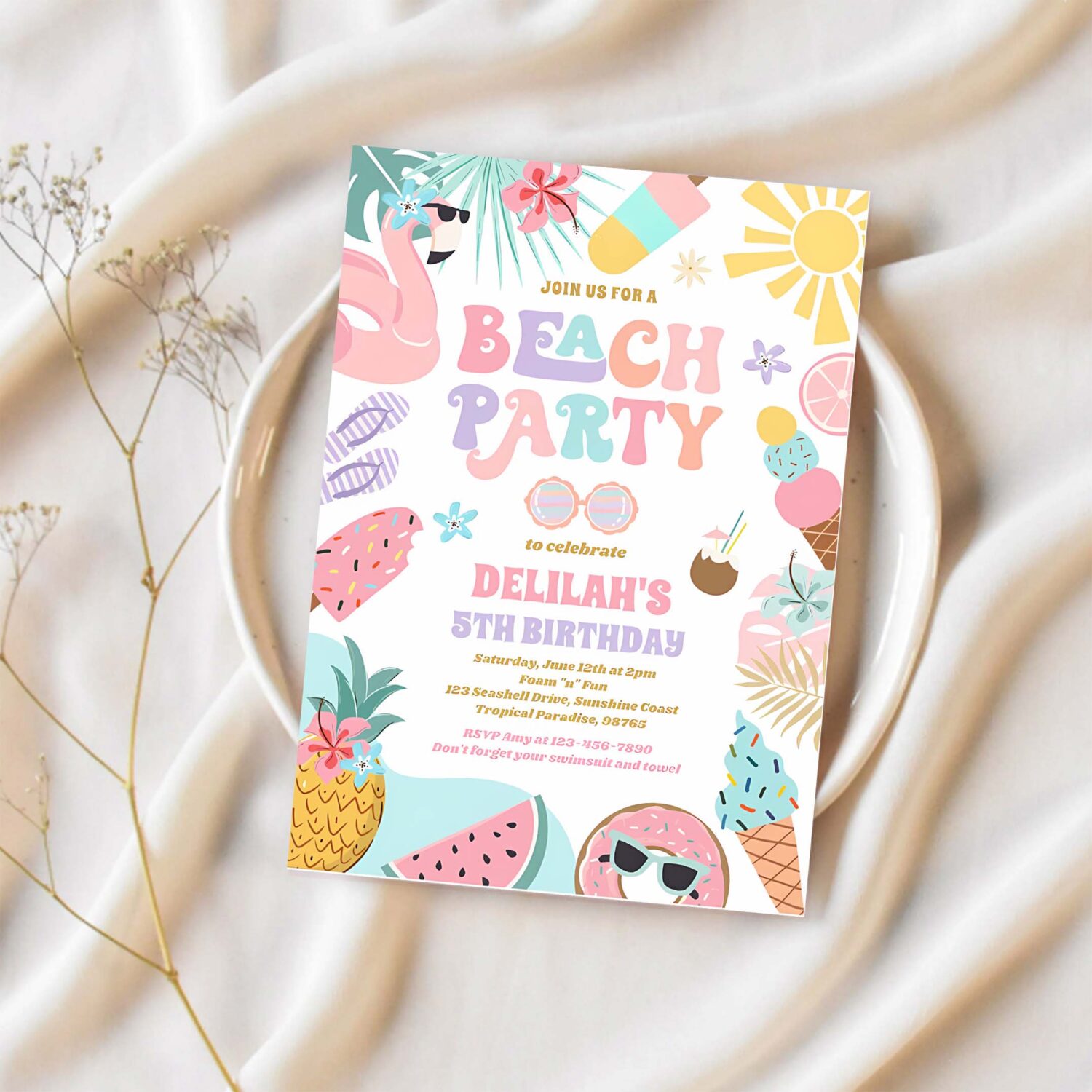 Tropical beach summer ocean birthday party invitation o27y 1