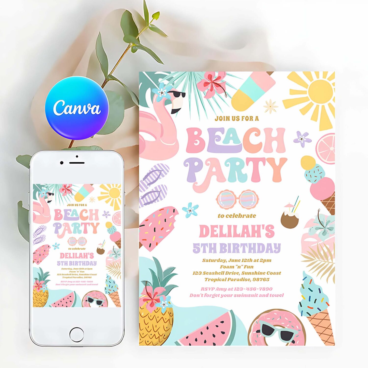 Tropical beach summer ocean birthday party invitation o27y