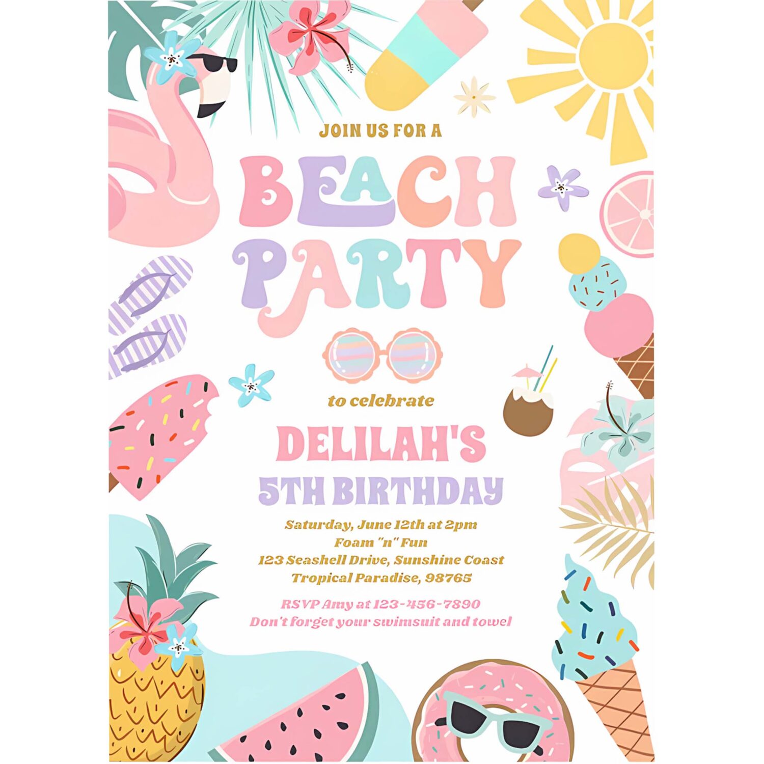 Tropical beach summer ocean birthday party invitation o27y 4