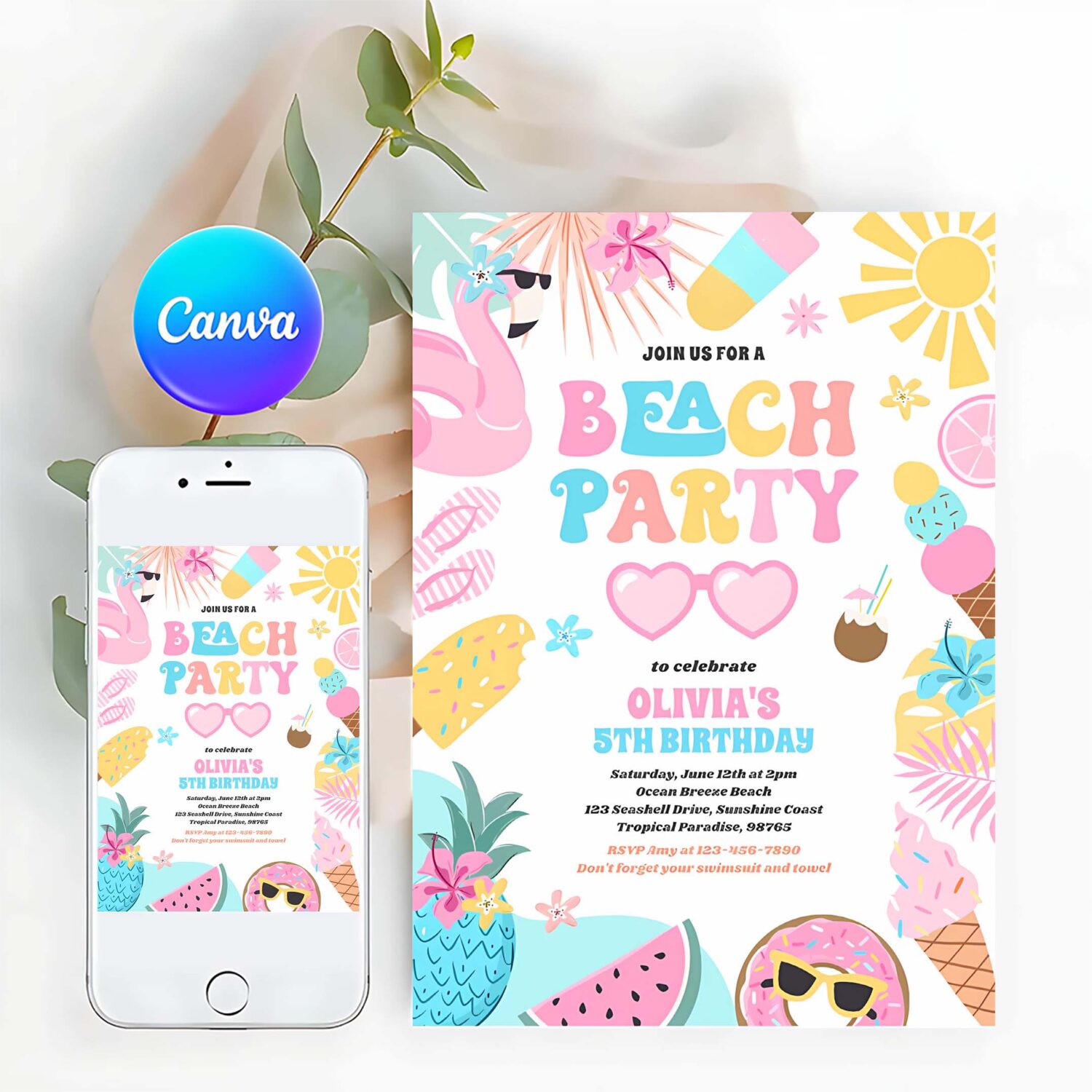 Tropical beach summer ocean birthday party invitation q15s