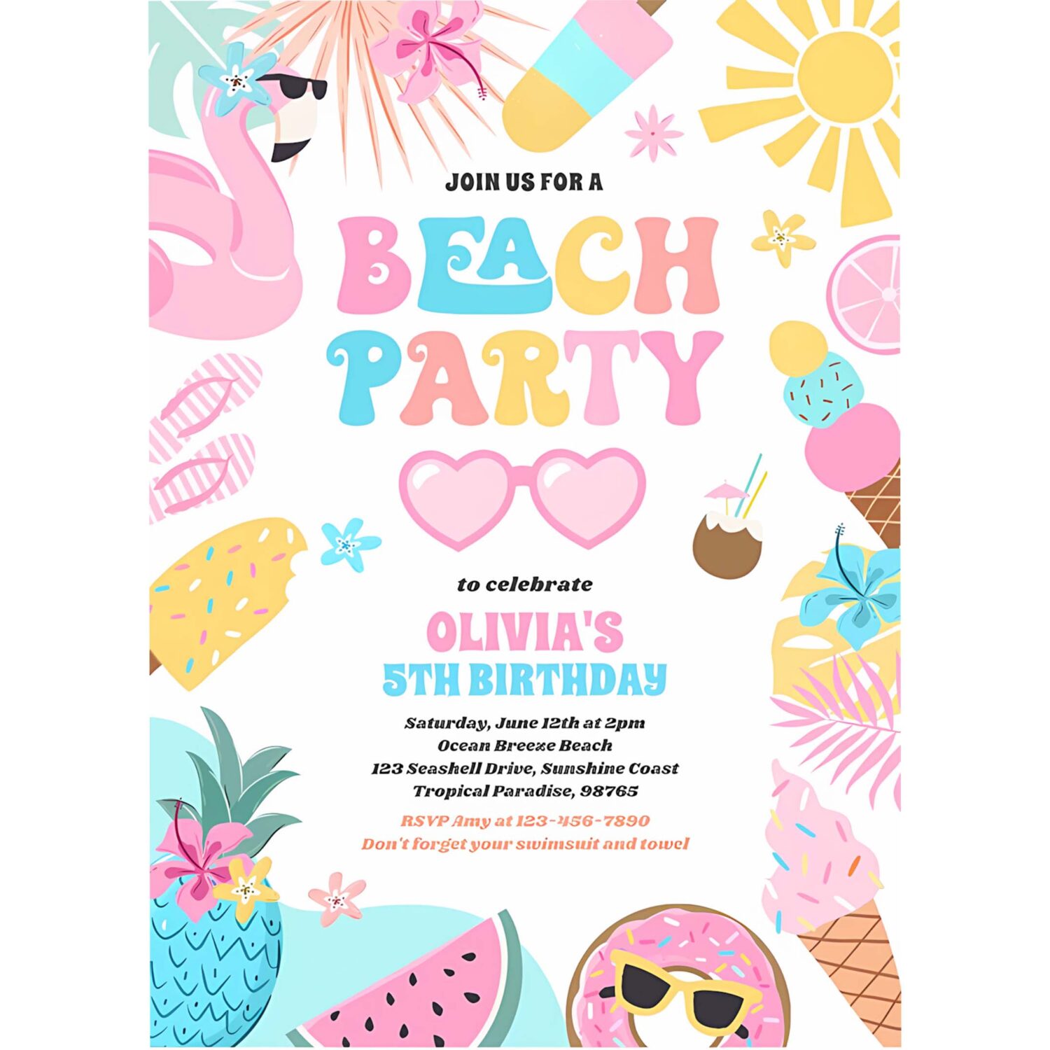 Tropical beach summer ocean birthday party invitation q15s 4