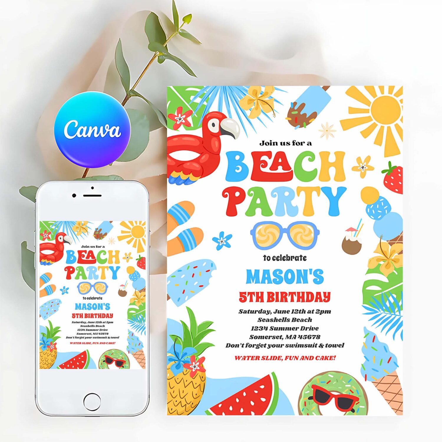 Tropical beach summer ocean birthday party invitation r40e