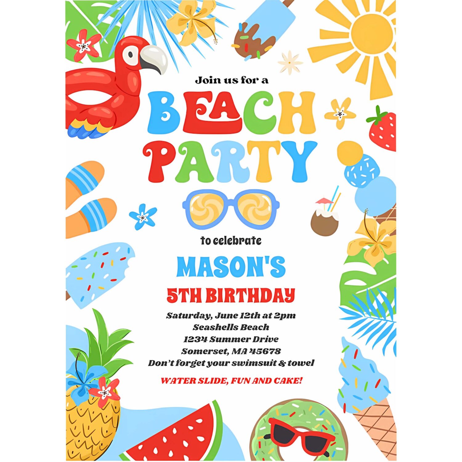 Tropical beach summer ocean birthday party invitation r40e 4