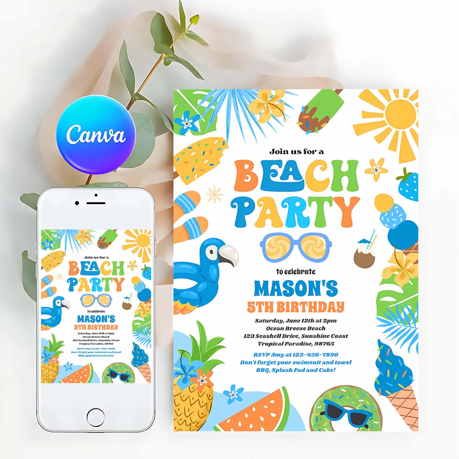 Tropical beach summer ocean birthday party invitation s38e