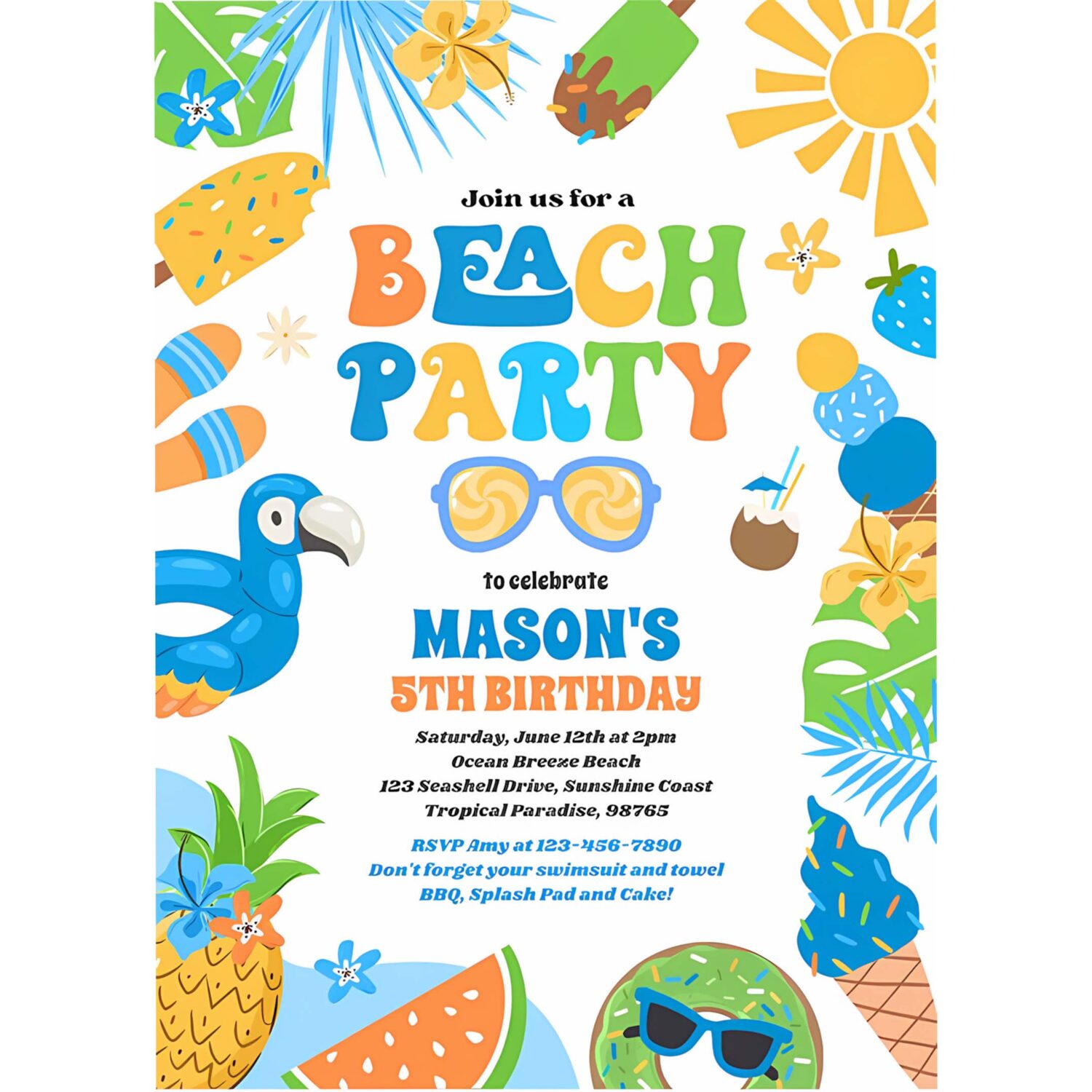Tropical beach summer ocean birthday party invitation s38e 4