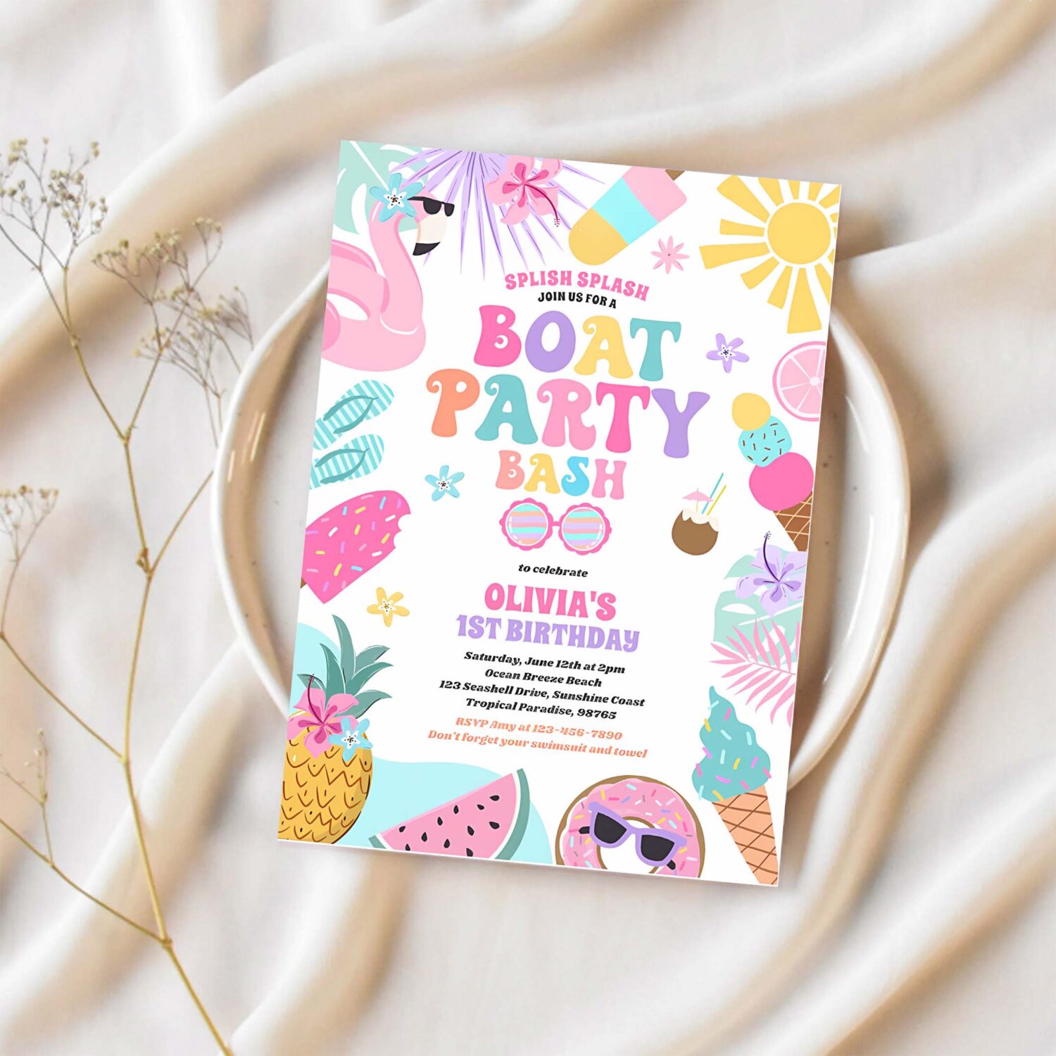 Tropical boat lake ocean marina birthday party invitation c57m 1
