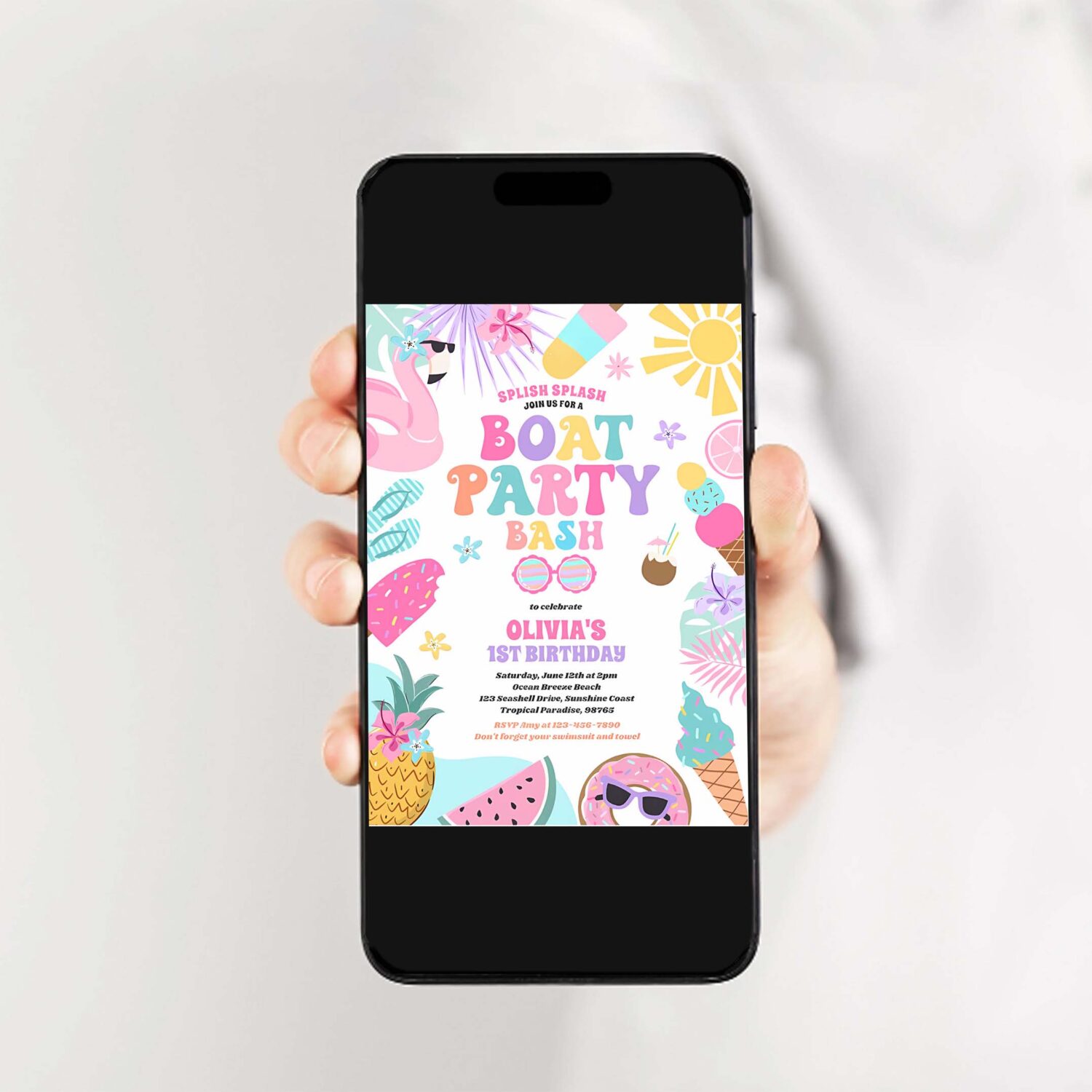 Tropical boat lake ocean marina birthday party invitation c57m 2