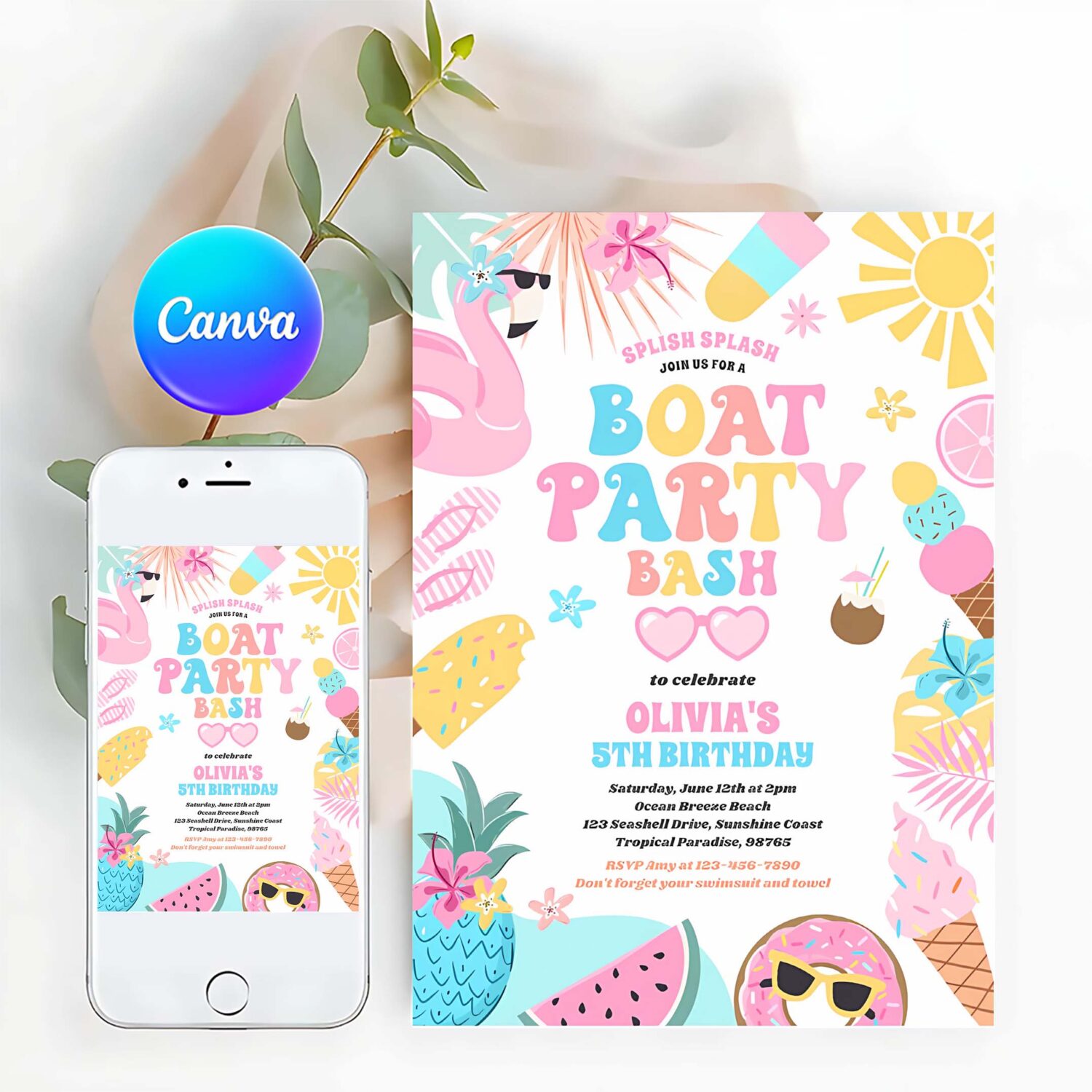 Tropical boat lake ocean marina birthday party invitation e42w